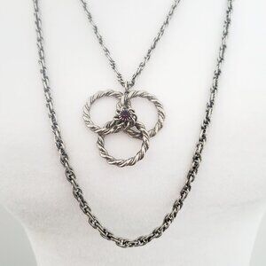 Vtg Long Double Rope Chain Cluster Pendant Necklace Purple Stone Flower Centre